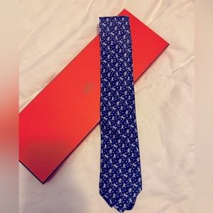 HERMES BLUE MONKEY TIE WITH ORIGINAL ORANGE BOX